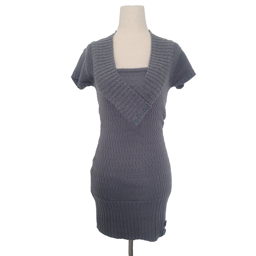 Vintage Y2k Shimmer Knit Sweater Mini Dress Size S Gray Grunge Emo Office Siren